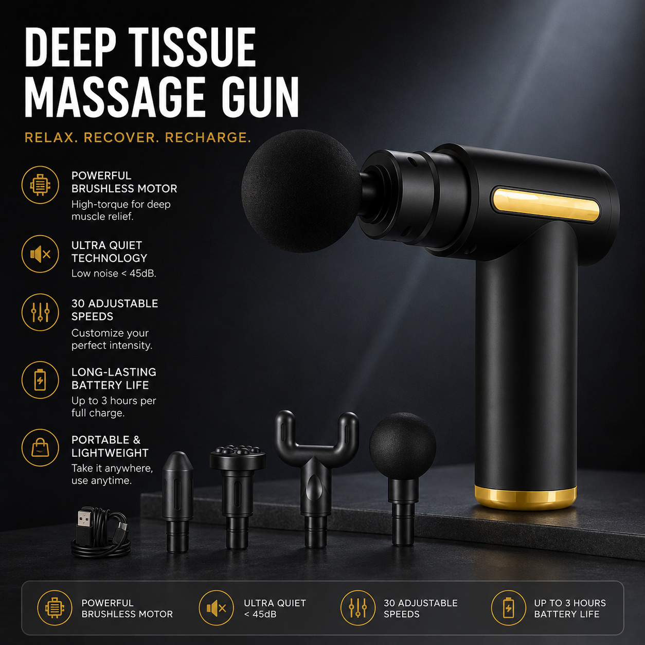 PulseFit Percussion Massage Gun - Deep-Tissue Muscle & Neck Relief (6 Speeds)